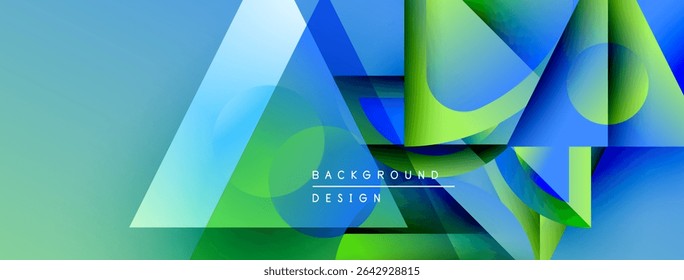 Abstract geometric shapes overlap. Blue, green hues dominate design. Modern aesthetic, vibrant colors create dynamic visual effect.
