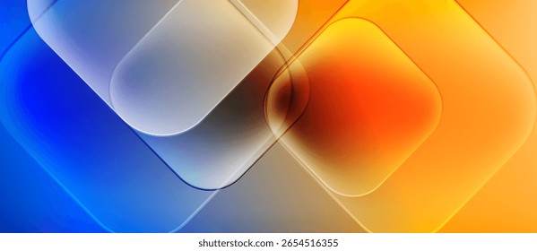 Las Formas geométricas Abstractas se superponen. Las transiciones azules a tonos naranjas crean un efecto visual vibrante. Los Gradientes lisos definen formas.