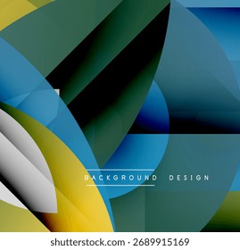 Las Formas geométricas Abstractas se superponen. Los tonos azules, verdes y amarillos dominan la composición. Los Elementos de diseño modernos crean un efecto visual dinámico.