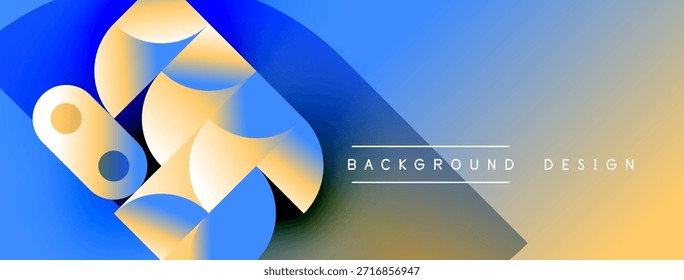 Abstract geometric shapes overlap. Blue, yellow gradients create modern background. Text reads background design. Minimalist style.