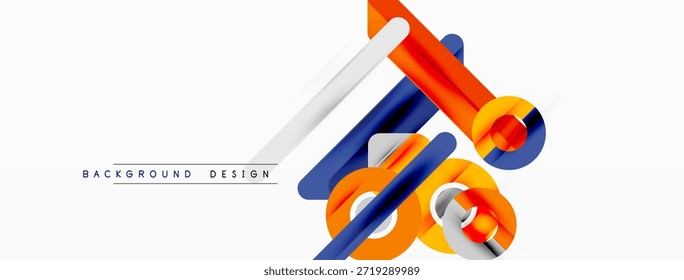 Abstrakte geometrische Formen überlappen sich. Blau, Orange, Grau schaffen dynamische Komposition. Minimalistisches Design für Hintergründe.