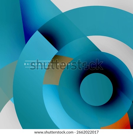 Abstract geometric shapes overlap. Blue hues dominate, with hints orange, black, white. Modern design evokes depth, movement.