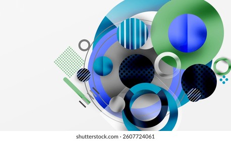 Abstract geometric shapes overlap. Circles, lines, dots create dynamic composition. Blue, green hues dominate. Modern design element.