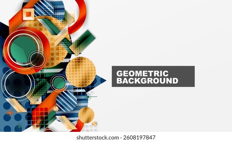 Abstract geometric shapes overlap. Circles, squares, triangles create dynamic composition. Bright colors, gradients add visual interest. Modern design element.
