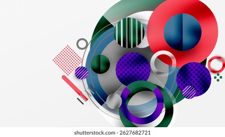 Abstract geometric shapes overlap. Circles, lines, dots create dynamic composition. Modern design, vibrant colors, clean aesthetic.