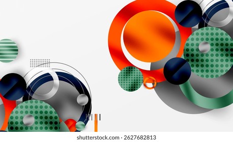 Abstract geometric shapes overlap. Circles, squares, lines create modern design. Colors include orange, teal, gray, black. Minimalist composition.