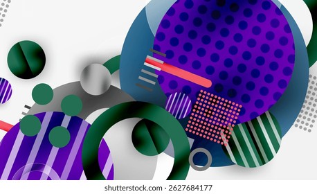 Abstract geometric shapes overlap. Circles, rectangles, lines create dynamic composition. Purple, green, gray dominate palette. Modern design elements present.