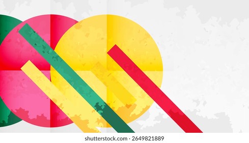 Abstract geometric shapes overlap. Circles, rectangles create vibrant composition. Textured background adds depth, visual interest.