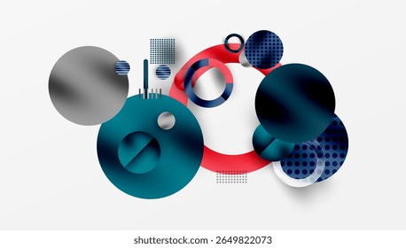 Abstract geometric shapes overlap. Circles, lines, dots create modern design. Teal, red, gray dominate composition. Minimalist aesthetic.