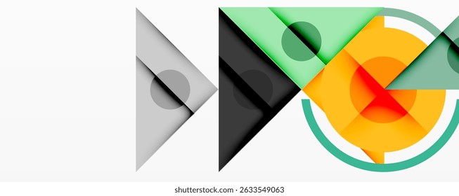 Abstract geometric shapes overlap. Colors include gray, green, orange, white. Minimalist design, modern aesthetic. Clean lines, simple forms.