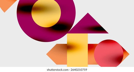 Abstract geometric shapes overlap. Colors blendorange, yellow, magenta, redagainst dark background. Minimalist design, modern aesthetic.