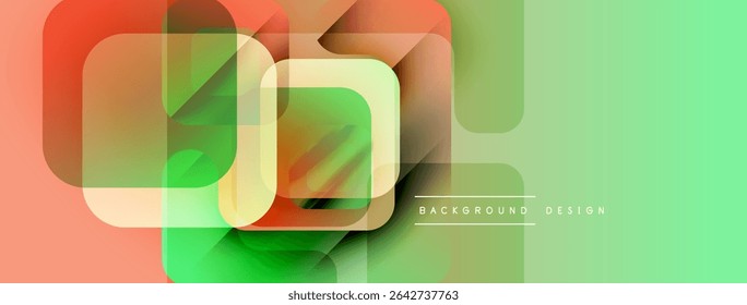 Formas geométricas abstratas se sobrepõem. Cores blendorange, verde, amarelo. O design moderno cria textura visual dinâmica. Gradientes suaves oferecem profundidade.