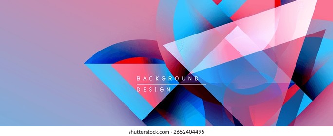 Abstract geometric shapes overlap. Colors blendpink, blue, purple create dynamic visual effect. Modern design elements present.