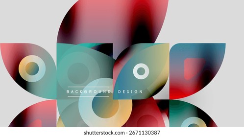 Abstract geometric shapes overlap. Colors blend, creating modern design. Background features circles, squares, gradients. Minimalist aesthetic.