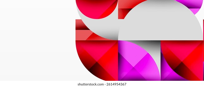 Abstract geometric shapes overlap, creating vibrant pinks, reds, purples. White space provides contrast, modern aesthetic.