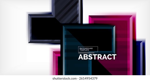Abstract geometric shapes overlap, creating vibrant layered design. Pink, blue, black colors dominate white space. Modern template.