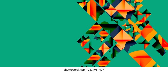 Abstract geometric shapes overlap, creating dynamic visual texture. Orange, teal, navy colors dominate composition. Modern design element.