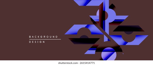 Abstract geometric shapes overlap, creating layered visual effect. Dark maroon background contrasts with blue elements. Modern design aesthetic.