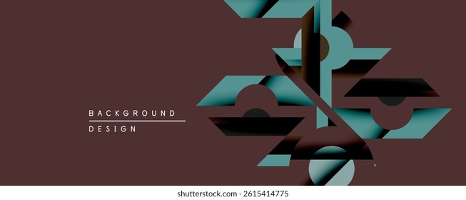 Abstract geometric shapes overlap, creating layered visual effect. Brown background contrasts with teal, black elements. Modern design.