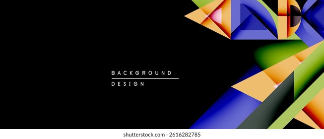 Abstract geometric shapes overlap, creating vibrant color gradients. Design features bold blues, greens, oranges, yellows on black backdrop.