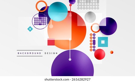 Abstract geometric shapes overlap, creating vibrant modern design. Circles, squares, lines form colorful composition. Minimalist aesthetic.