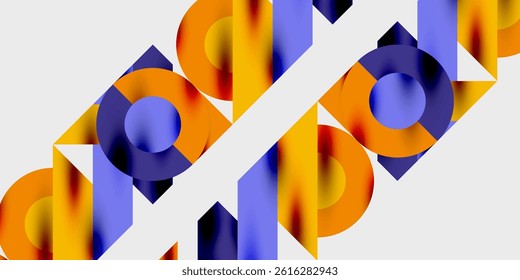 Abstract geometric shapes overlap, creating vibrant orange, blue gradients. Minimalist design, modern aesthetic, clean composition.