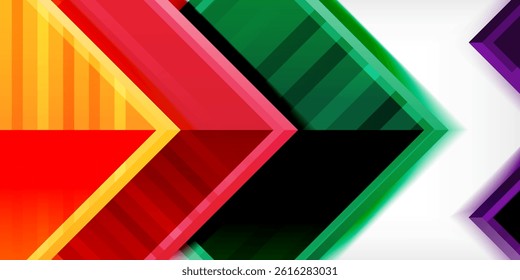 Abstract geometric shapes overlap, creating vibrant color gradients. Diagonal lines dominate composition, suggesting movement.