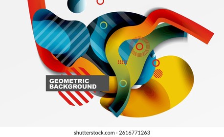 Abstract geometric shapes overlap, creating vibrant colorful background. Modern design utilizes gradients, lines, circles.
