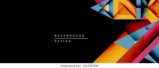 Abstract geometric shapes overlap, creating vibrant color contrast against dark background. Modern design element.
