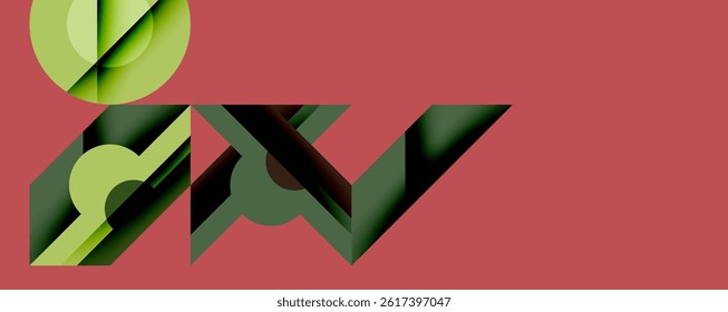 Abstract geometric shapes overlap, creating layered green forms against red background. Minimalist design emphasizes depth, texture, visual interest.