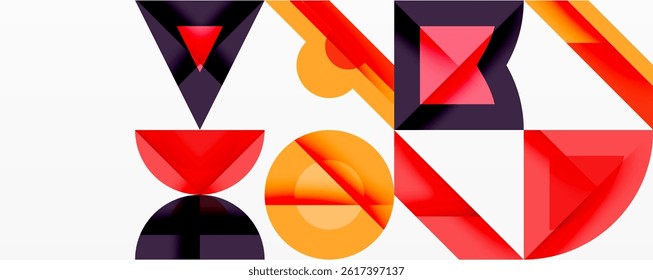 Abstract geometric shapes overlap, creating vibrant composition. Red, orange, purple hues dominate white background. Modern design.