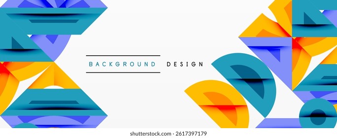 Abstract geometric shapes overlap, creating vibrant color contrasts. Minimalist design with white space dominates composition.