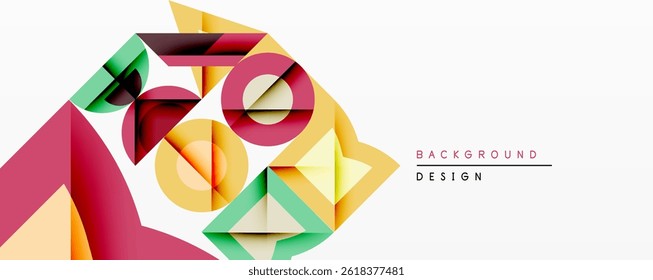 Abstract geometric shapes overlap, creating vibrant colorful design. Modern style, clean lines, dynamic composition.
