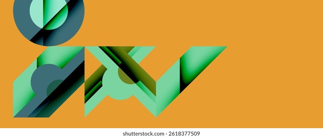 Abstract geometric shapes overlap, creating layered visual effect. Orange background contrasts with teal, gray tones. Modern design.