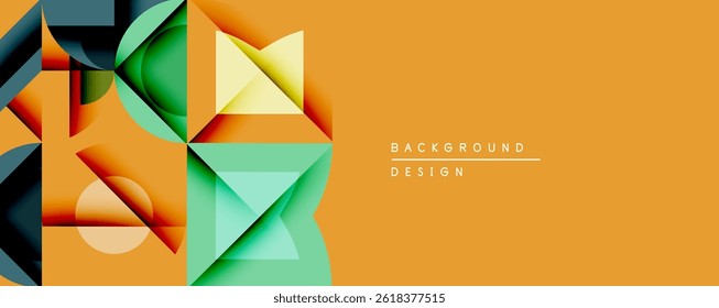 Formas geométricas abstratas se sobrepõem, criando gradientes de cores vibrantes. Fundo laranja fornece contraste, design moderno estético.