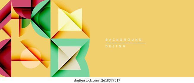 Abstract geometric shapes overlap, creating vibrant color gradients. Yellow background provides contrast, modern design aesthetic.