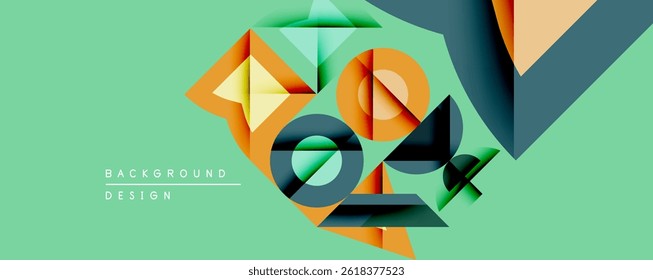 Abstract geometric shapes overlap, creating layered visual effect. Orange, teal, gray tones dominate light green backdrop. Modern design.
