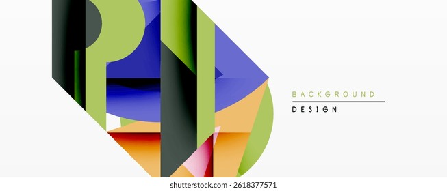 Las Formas geométricas Abstractas se superponen, creando bloques de colores vibrantes. El diseño moderno presenta Gradientes, capas, líneas limpias. Composición minimalista.