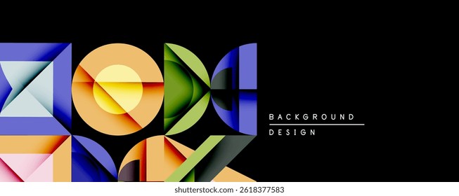 Abstract geometric shapes overlap, creating vibrant colorful design. Black background emphasizes forms, modern aesthetic.