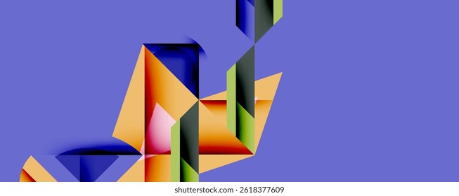 Abstract geometric shapes overlap, creating vibrant composition. Colors blend, forming dynamic visual experience. Purple background dominates.