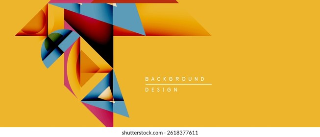 Formas geométricas abstratas se sobrepõem, criando blocos de cores vibrantes. Fundo amarelo fornece contraste, elemento de design moderno.