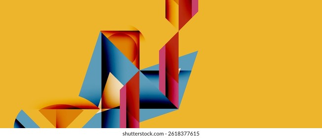 Abstract geometric shapes overlap, creating vibrant color contrasts against yellow background. Modern design elements present dynamic composition.