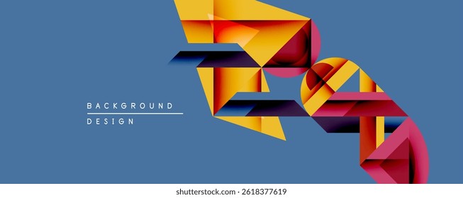 Abstract geometric shapes overlap, creating dynamic visual flow. Warm colors contrast cool blue backdrop. Modern design element.