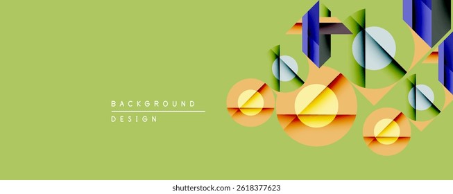 Abstract geometric shapes overlap, creating layered visual effect. Soft colors dominate composition, offering modern aesthetic.