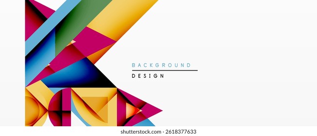 Abstract geometric shapes overlap, creating vibrant color gradients. Design features bold contrasts, modern aesthetic. White space dominates right side.