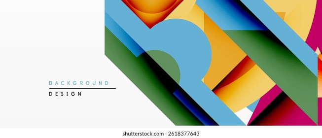 Formas geométricas abstratas se sobrepõem, criando um fundo colorido vibrante. Design moderno utiliza gradientes, camadas, composição dinâmica.