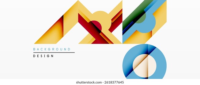 Abstract geometric shapes overlap, creating dynamic colorful composition. Modern design elements suggest innovation, energy.