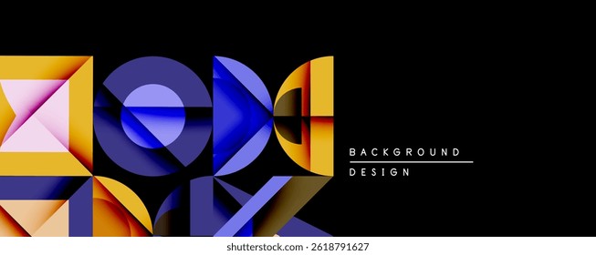 Abstract geometric shapes overlap, creating vibrant colorful design against dark background. Modern aesthetic, dynamic composition.