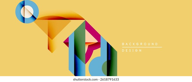 Formas geométricas abstratas se sobrepõem, criando gradientes de cores vibrantes. Fundo amarelo fornece contraste, design moderno estético.