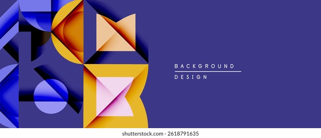 Formas geométricas abstratas se sobrepõem, criando composição dinâmica. As cores vivas contrastam com o fundo roxo profundo. Elemento de design moderno.